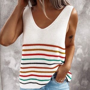 White Knit V-neck Striped Tank Top